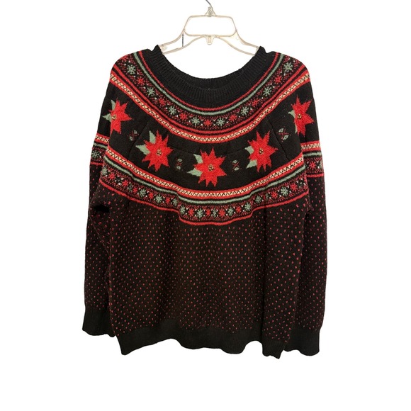 Holiday Time Womens 1X Christmas Poinsettia Sweater Black Red Green Holiday - Picture 1 of 8